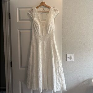 Azazie White Lace V-Neck Cap-Sleeve Dress